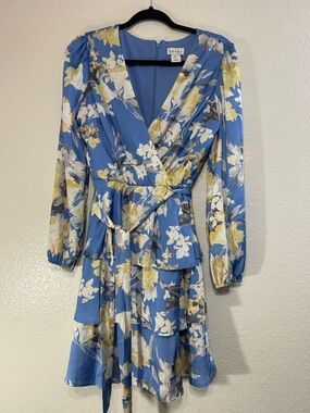 Nicole Miller New York Blue Floral Chiffon Wrap Dress V-Neck Long Sleeve S